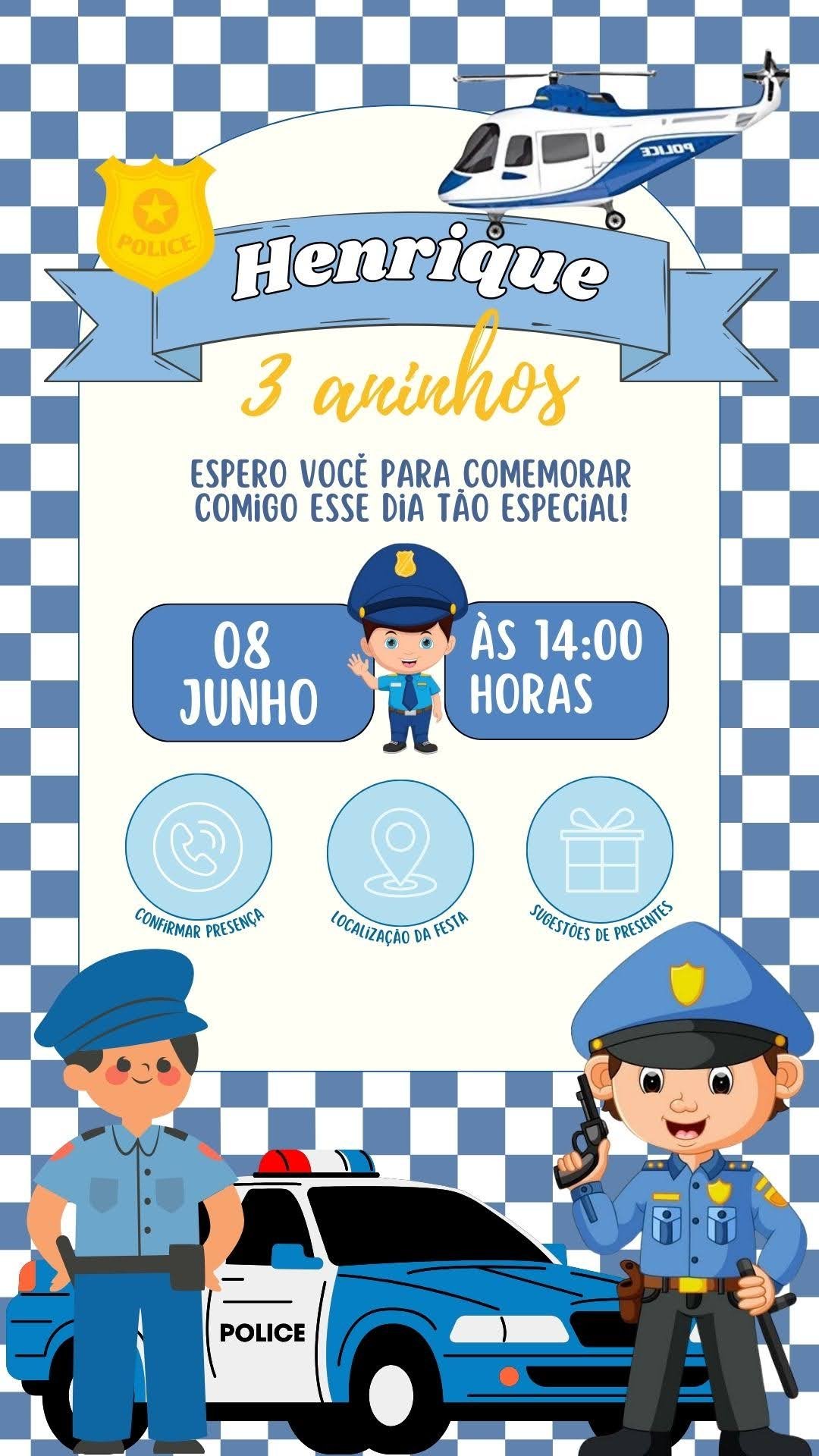 Policial: Convite Virtual Aventura para Festa Temática de Meninos
 - policial, festa de polícia, convite virtual, patrulha policial, tema meninos, festa temática, aniversário de polícia